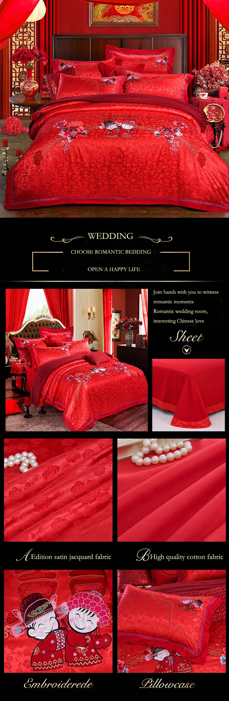 2018 luxury bedding set king size cotton romantic love wedding bed cover festive embroidery duvet cover bed sheets 4pcs red bed linen drap de lit 10