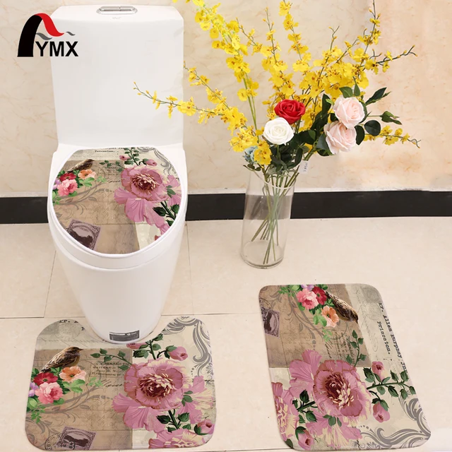 3pcs/lot Flower Rose Pattern Toilet Seat Cover Flannel Fabric Toilet