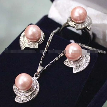 

10MM Pink South sea Shell Pearl Earrings Ring & Necklace Pendant Set^^^@^Noble style Natural Fine jewe FREE SHIPPING