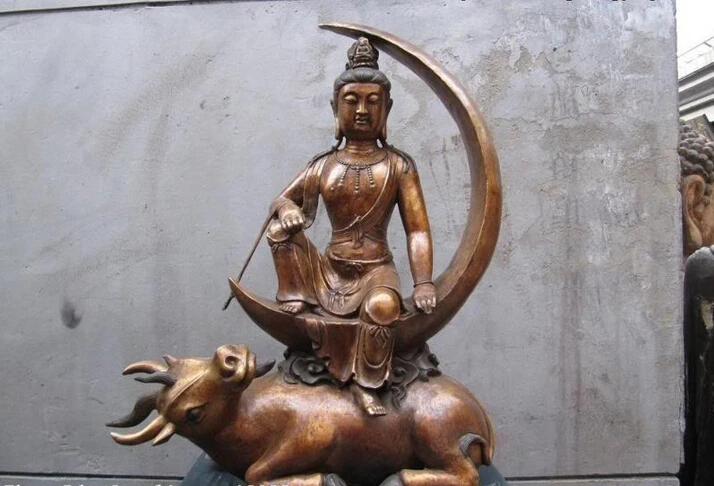 

Elegant old S0606 Tibet Old Bronze Copper Carved Moon GuanYin Kwan-yin Bodhisattva Sit OX Bull statue