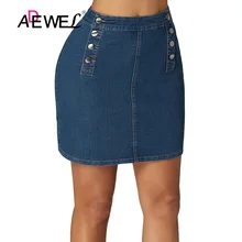 ADEWEL Женская Сексуальная двубортная функциональная джинсовая мини-юбка с пуговицами летняя Высокая талия Повседневная стрейч бедра короткие джинсовые юбки