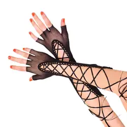 Женские Половина Finger Твердые в стиле панк Локоть длинные Прихватки для мангала выдалбливают ажурные крест накрест кружево до повязк