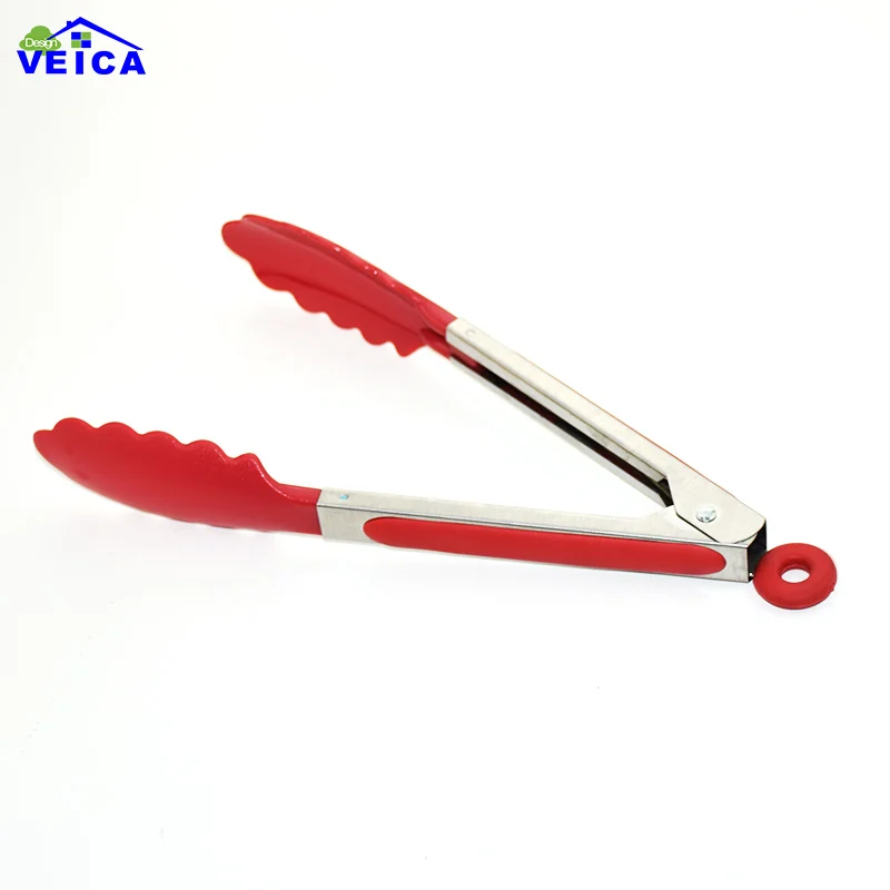 1 Piece 25cm Red BBQ Tongs Plastic Cover Handle Kitchen Tongs Lock
