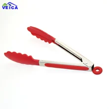 

1 Piece 25cm Red BBQ Tongs Plastic Cover Handle Kitchen Tongs Lock Design Barbecue Clip Clamp Stainless steel Food Tongs