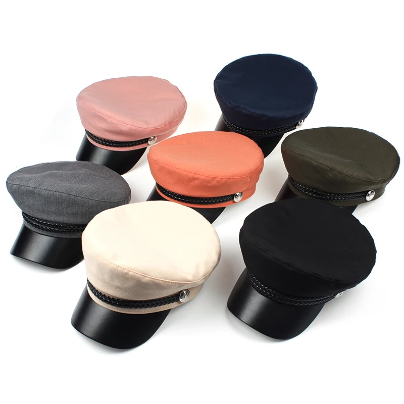

VORON 2018 Female hat spring 100% cotton navy hat fashion black leather fixed crown silver buckle winter warm hat Berets hat cap