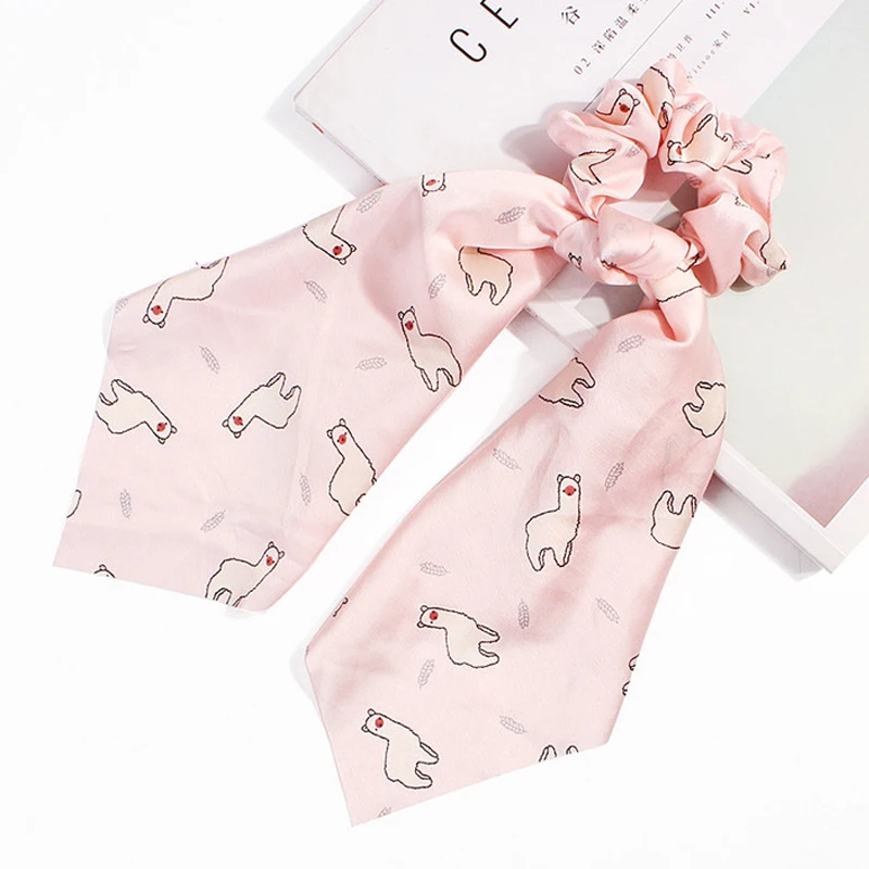 

New Summer Turban Cute Alpaca Printed Hairband Fashion Women Silk Scruchies Elastic Ribbon Band Ponytail Holder Hair Accessories