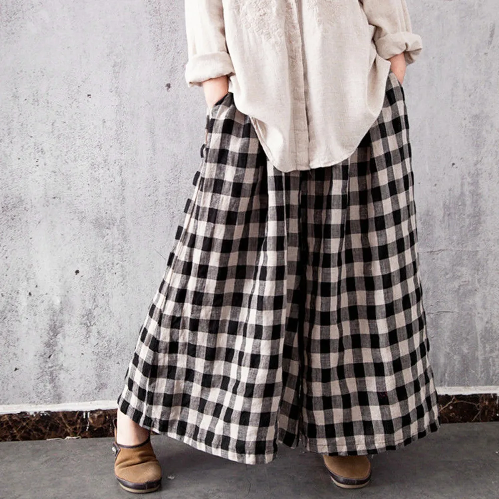 

Women Boho Cotton Check Plaid Long Pants Elastic Waist Baggy Wide Leg Pockets Loose Casual Trousers New Fashion