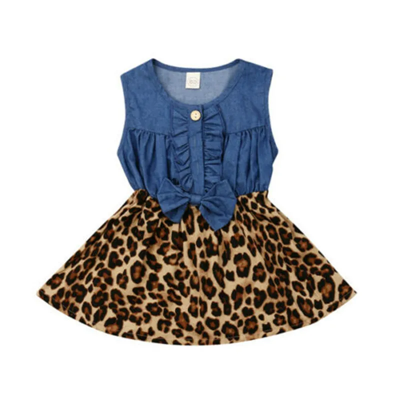 

Toddler Baby Kids Girls Denim Princess Leopard Sundress Party Dress Clothes