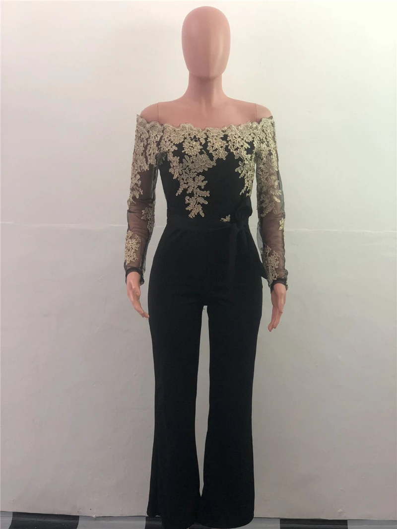 Adogirl Lace Sheer Mesh Patchwork Loose Jumpsuit Women Sexy Slash Neck Off Shoulder Casual Romper Wide Leg Pants Party Jumper