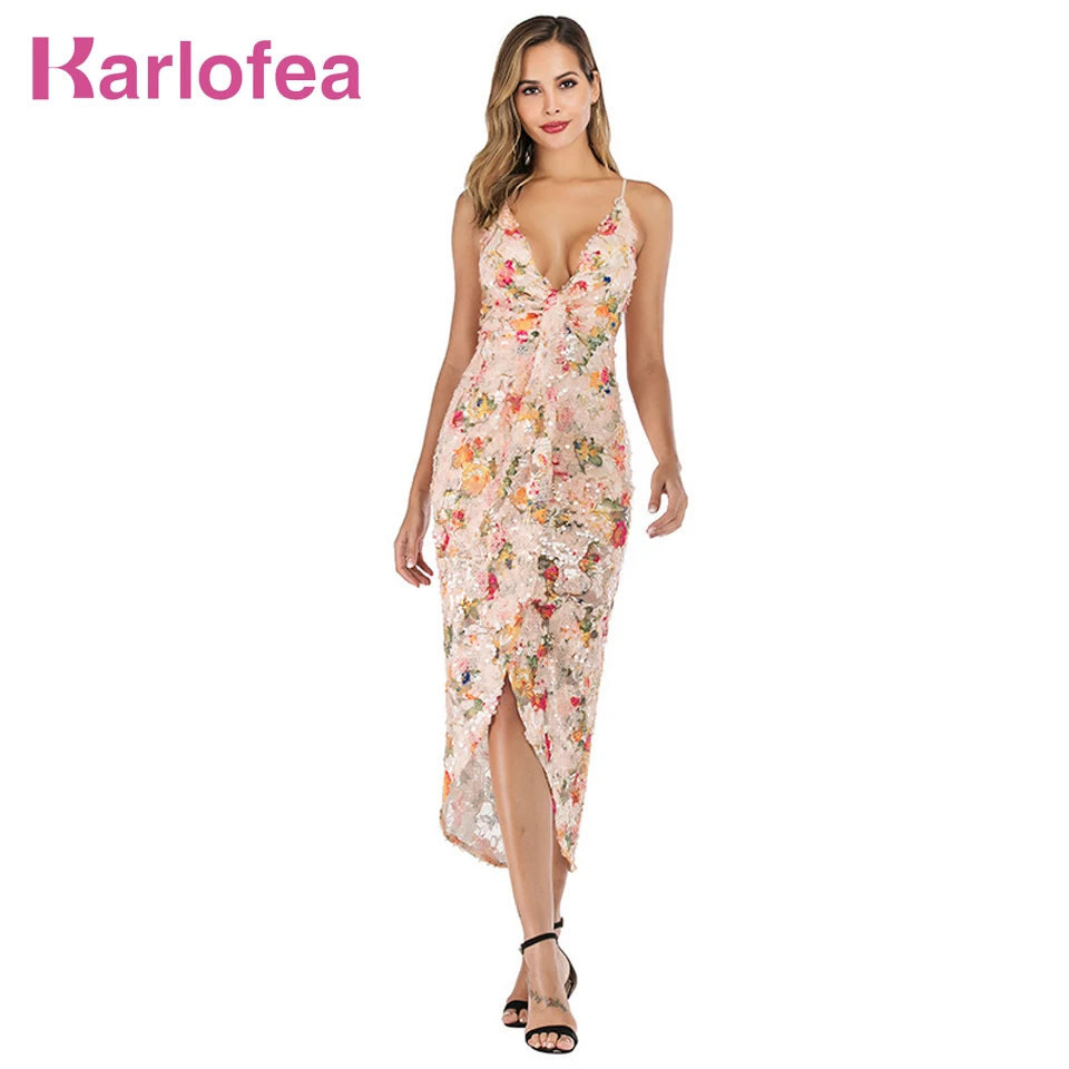 

Karlofea New Floral Mesh Sequin Vacation Dress Women Sexy Strap V Neck Split Vestidos Summer Fashion Outwear Backless Maxi Dress