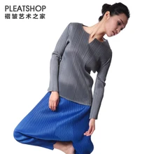 Дизайн сплошной цвет плиссированная женская футболка с длинным рукавом Одежда свободная футболка с v-образным вырезом