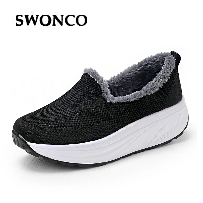 

SWONCO Fur Winter Shoes Slip On Wedge Sneakers Platform Swing Shoes Woman Warm 2019 Women's Winter Sneakers Chunky Sneaker Lady