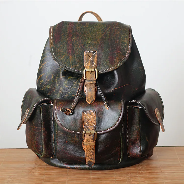 2017 Unisex Genuine leather school backpack vintage cow leather travel knapsack hand coloring high quality coffee cowhide pack