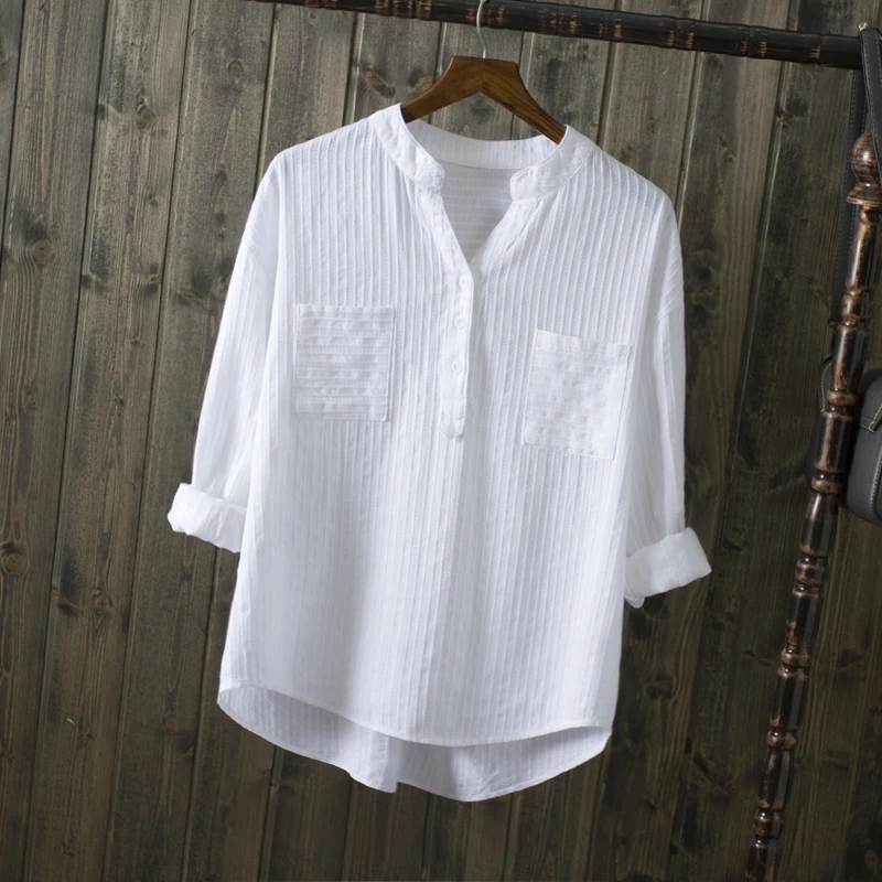 2019 новые весенние Летние повседневные белые женские рубашки с v-образным вырезом свободные 100% хлопок Офисная Леди элегантная двойная