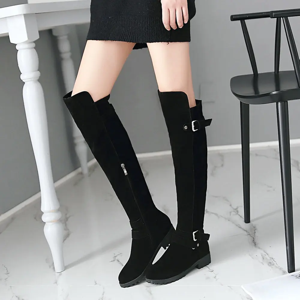

Women's Flock Knee High Boots Thick Low Heel Fashion Boots Buckle Round Toe Winter Ladies Shoes Black Brown