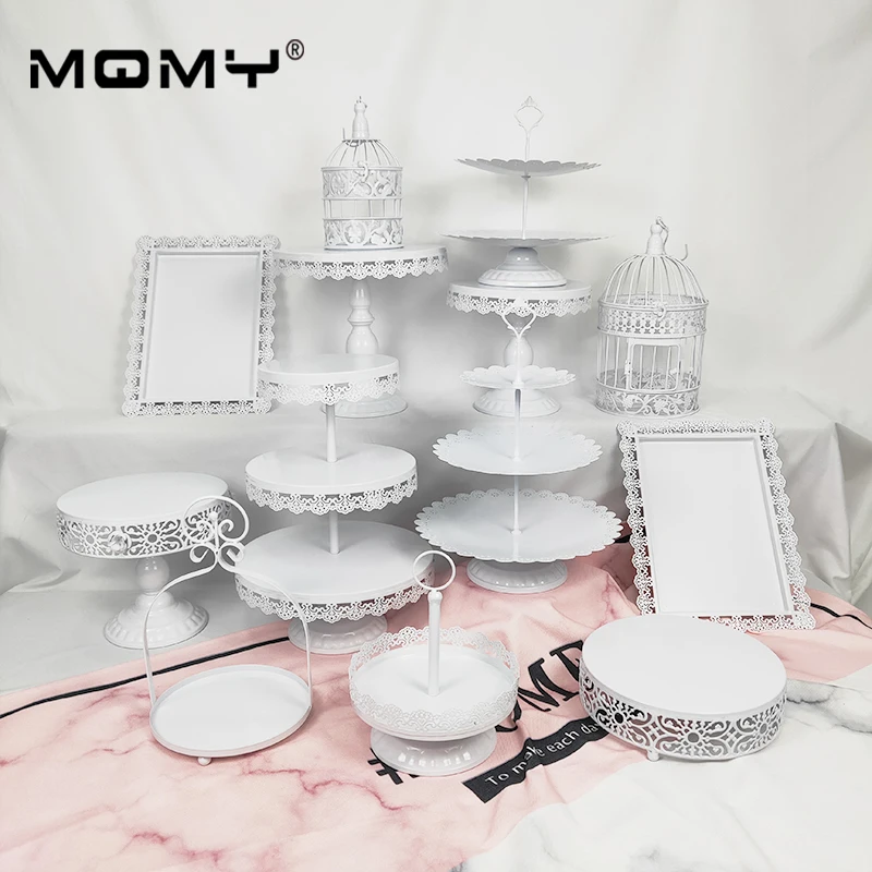 

13 Pcs Wedding Set Dessert Metal 3 Tier Wholesale Crystal Vintage Gold White Pink Round Birdcage Cake Stand