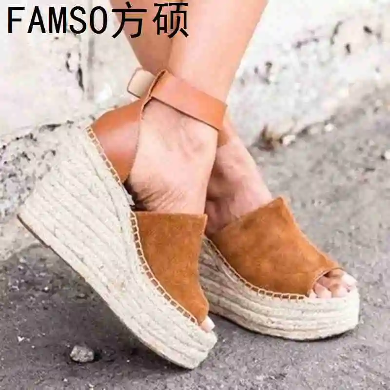 

FAMSO 2019 New Shoes Women Sandals Large Size 34-43 Summer Straw Black brown beige Peep toe Wedges High Heels Beach Sandals