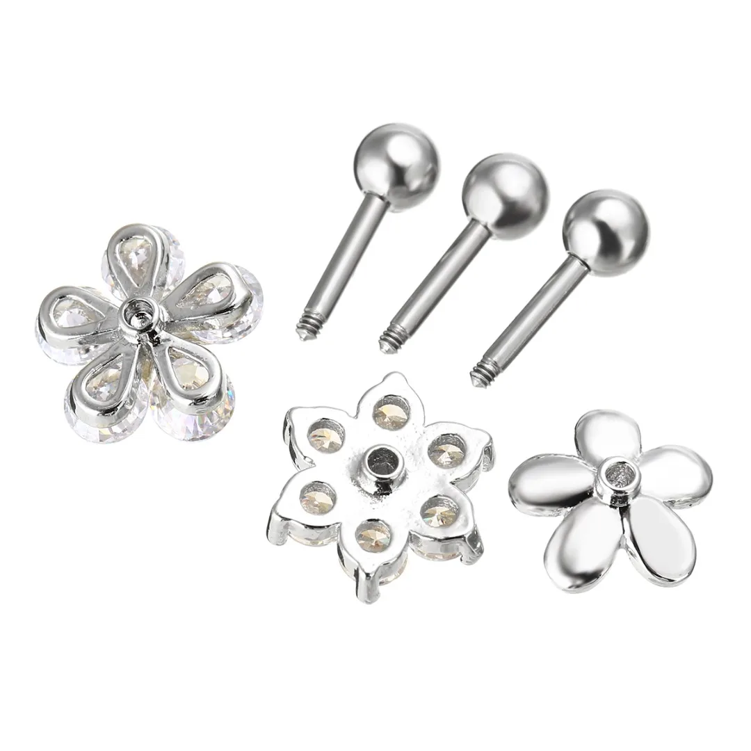 3pcs/lot Surgical Steel Lip Ring Labret Earring Nail Bone Barbell CZ Crystal Flower Helix Tragus Ear Piercing Body Jewelry Women