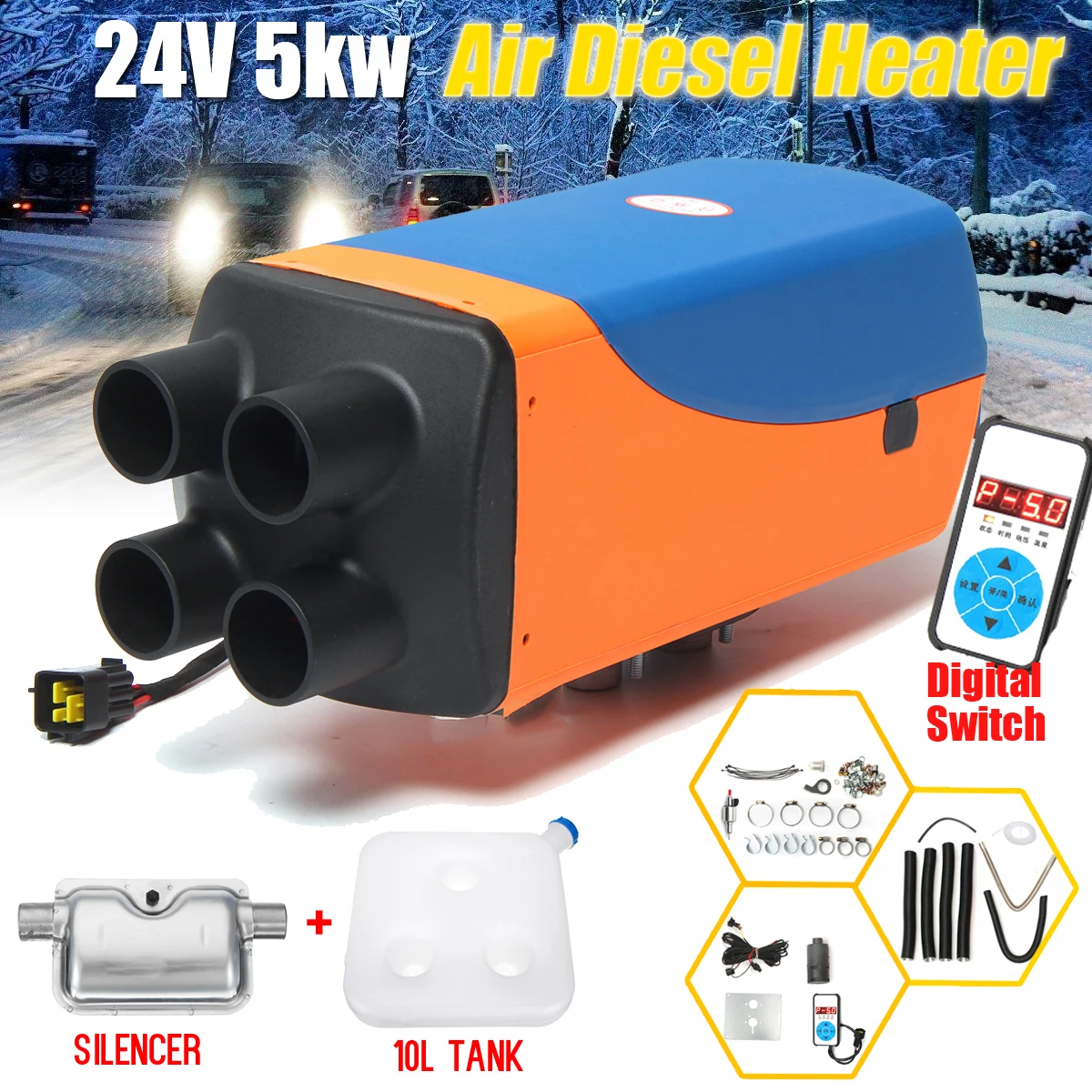 

24V/12V 3KW/5KW Car Diesel Heater Parking Heater With Digital Switch Remote Control 4 Holes Car Heater + Silencer For free