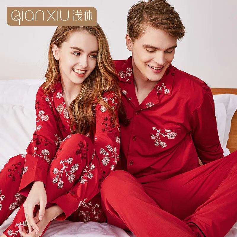 

Qianxiu mens pajama sets men sleepwear male sleep&lounge Chinese red wedding Pijamas for women couple pajamas female pyjamas