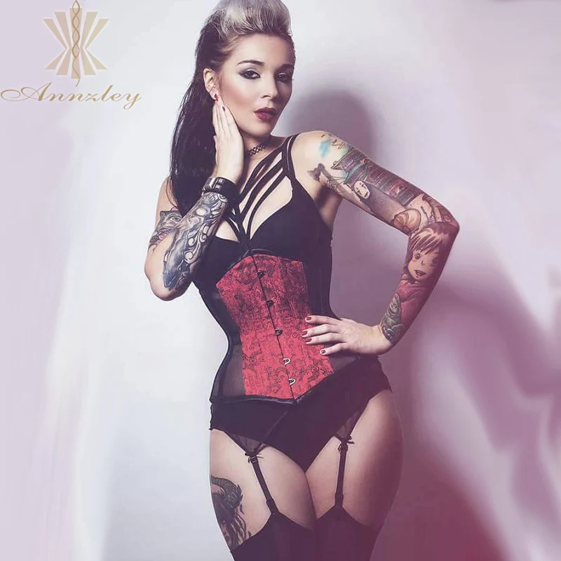 Annzley Corset Black Mesh And Red Satin Steel Boned Underbust Corset For Waist Training (1)