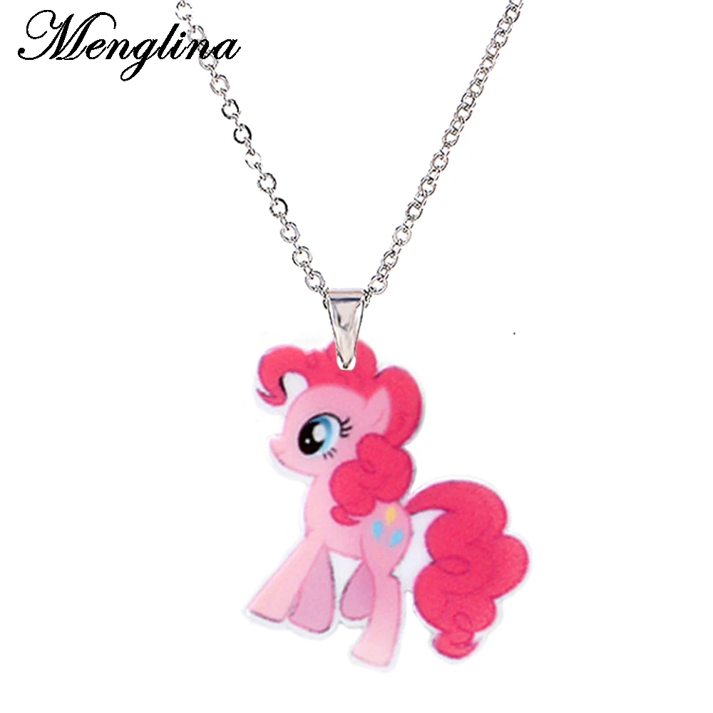 Menglina Fashion Cartoon Cute Horse Acrylic Pendant Necklace For Girl Silver Tone Chain Resin Flatback Children Necklace Jewelry