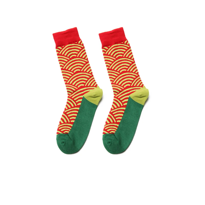 PEONFLY Autumn Winter Men Casual Colorful Geometric Square Balloon Wavy Stripes Pattern Fashion High Quality Cotton Happy Socks - Цвет: Red and green