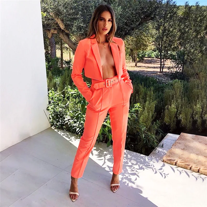 

Neon Two Piece Set Long Sleeve Short Blazer Jacket and Pants Suits Spring Autumn Fluorescent Yellow Pink Orange Matching Outfits