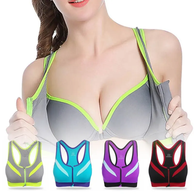 

Women Running Yoga Sports Bra Zipper Front Padded Push Up Shockproof Wirefree Crop Top Gym Fitness Jogging Racerback Vest