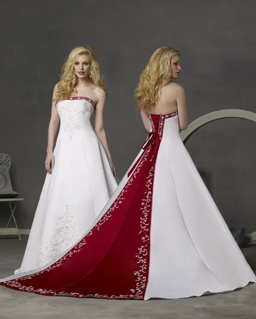 White And Burgundy Wedding Gown Satin Embroidery Strapless Floor