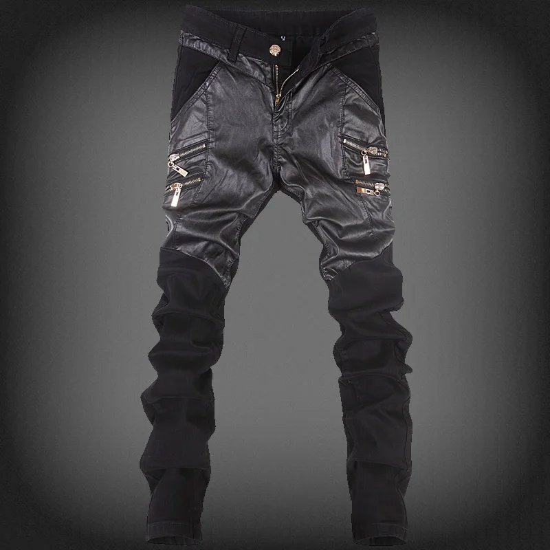 Мотоциклетные кожаные джинсы, мужские брюки на молнии черные облегающие скинни Большие размеры 32, 33, 34, 36 крутые брюки