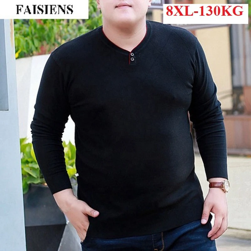 

FAISIENS Large Size 4XL 5XL 6XL V Neck Long Sleeve Men's Sweaters 7XL 8XL Plus Size Loose Blue Black Winter Warm Knitted Sweater