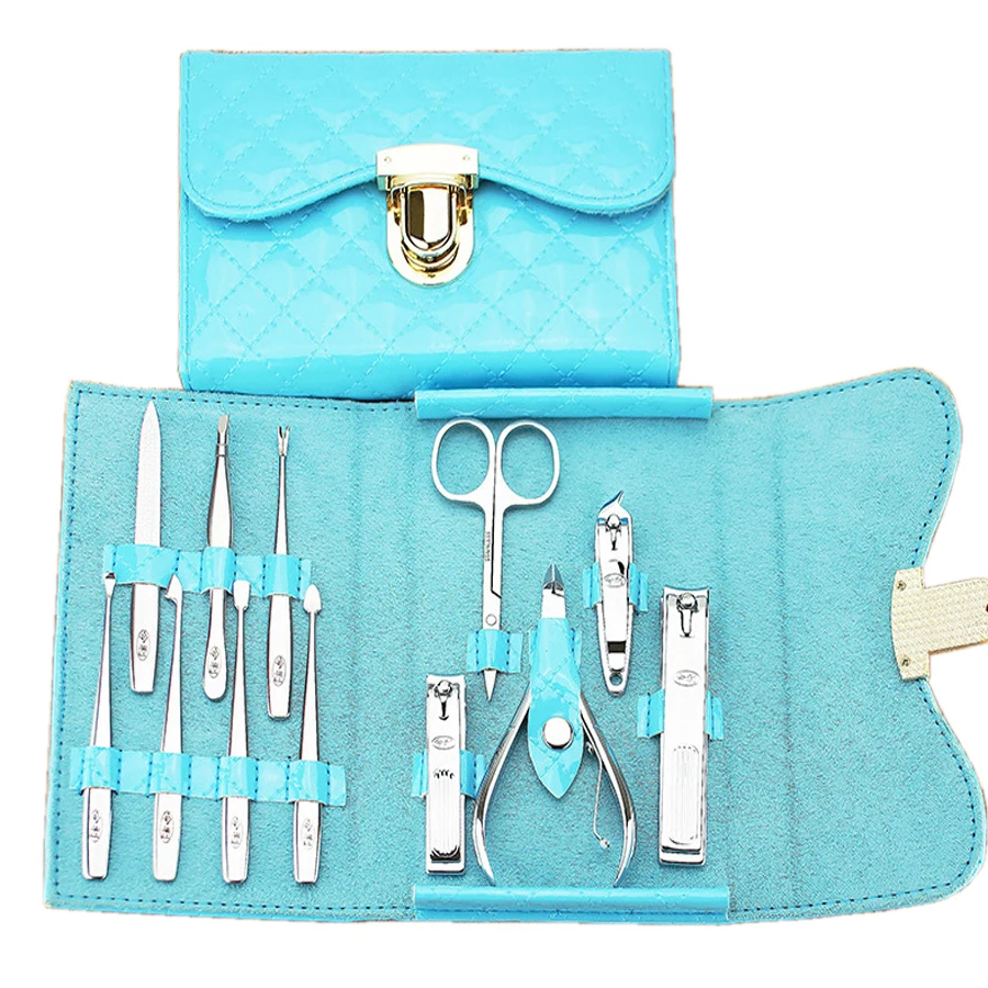 12pc/set Nail Manicure Kit Nail Care Tool Steel Eyebrow Scissor Clipper Earpick with Blue Case