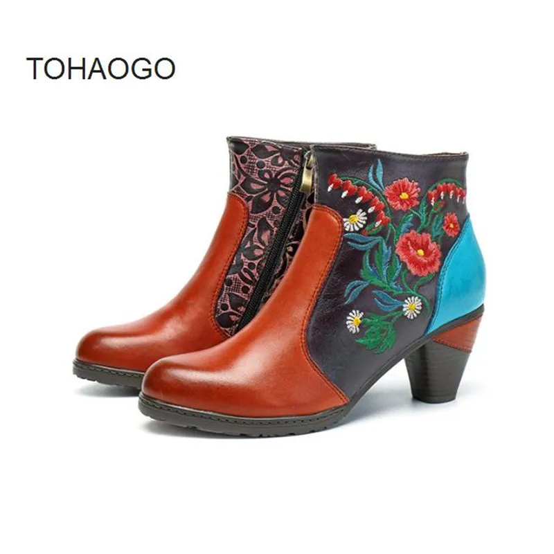 

New Genuine leather embroidered ladies stitching ankle boots Middle heel women's boots Plus Size denim boots Booties damski boty