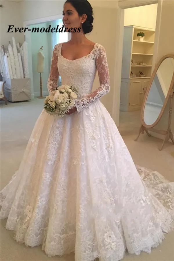 Vestido de noiva Винтаж кружевные свадебные платья чистого цвета с длинным рукавом Совок бальное платье c аппликациями развертки Поезд Vestido De noiva цвета слоновой кости
