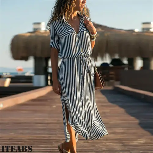 Boho Летнее повседневное Полосатое длинное платье женское сексуальное с отложным воротником макси платья Элегантное Вечернее Платье Vestidos