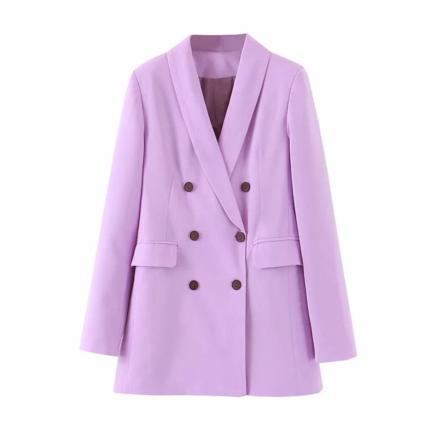 

Women chic violet blazer pockets double breasted long sleeve office wear coat solid female 2019 spring autumn outerwear tops