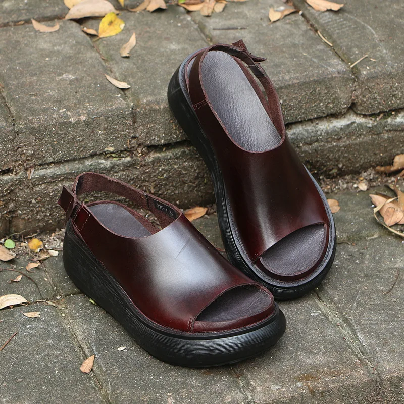 Casual Base Marrone Scarpe Sandali Fsj Anteriore Cinghiale Della Hook Matura Pelle Open Mucca Zeppe Genuino Scuro Delle Posteriore In Fsj01 Loop Donne Strap Di qXfvpwHX