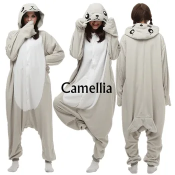 

Novelty Adult Women Cute Face Sea Lions Onesie Unisex Fleece Gray Winter Pyjamas Party Sleepwear Sea Dog Jumpsuit Autumn Pajamas