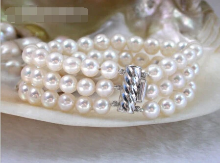 

nature 3row round white FW pearls Bracelet 925ss @^Noble style Natural Fine jewe SHIPPING 6.2
