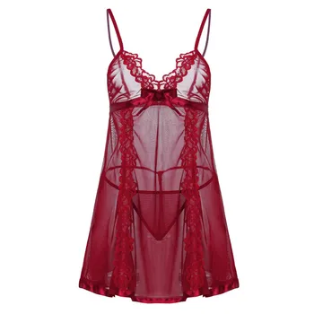 

2019 Summer Fashion Women Sexy Lace Lingerie Clubwear Deep V-Neck Backless G-String Nightdress Sleepwear #Jun20 Wholesale