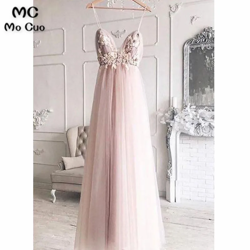 Light Pink V Neck Applique Long Prom Dress, Evening Dress