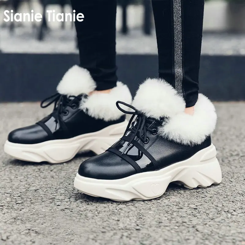 

Sianie Tianie winter fur shearling warm genuine leather woman platform sneakers shoes lace up women snow ankle big boots size 42