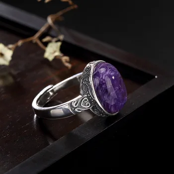 

New L&P Pure 925 Sterling Silver Natural Gemstone Ring For Women,Elegant Charoite Adjustable Ring Fine Jewellry Gift