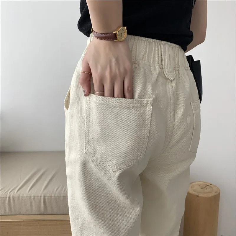 Plus Size Mom Jeans Elastic High Waist Harem Pants Vintage Casual Streetwear Solid Button Pocket Korean Harajuku Ladies Jeans
