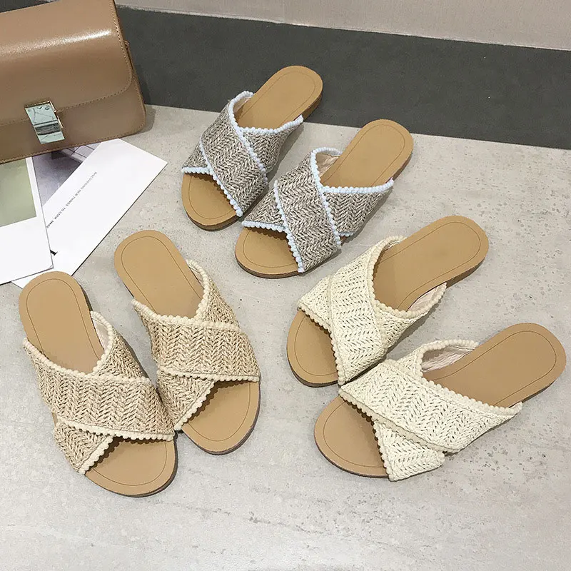 

Women Slippers Summer Non-slip Home Hemp Flip Flops Female Outdoor Fashion Straw Beach Shoes Solid Slides Comfort Flats 2019