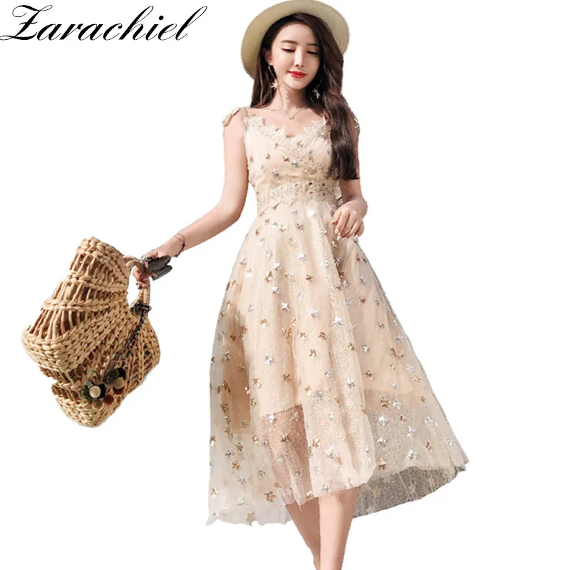 

Summer Sexy Deep V Neck Star Sequin Long Mesh Dresses Women Sleeveless Bow Tied Strap Dress High Waist Lace Dresses Vestidos