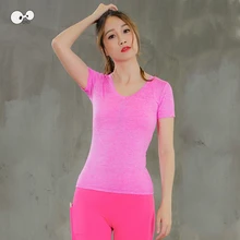 Сексуальные компрессионные рубашки для йоги с v-образным вырезом, женская футболка для фитнеса, быстросохнущие топы для бега, Спортивная женская одежда с коротким рукавом для спортзала