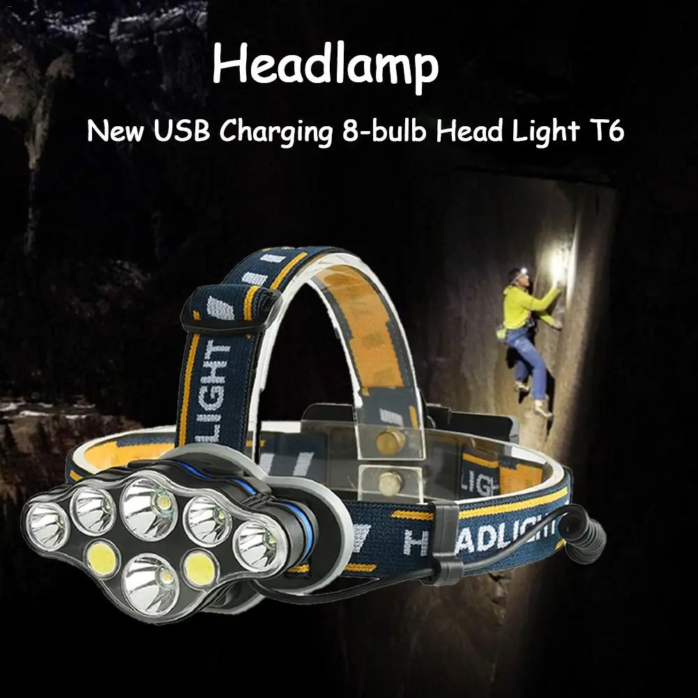 

New USB Charging 8-bulb Head Light T6+COB Red Light Warning Headlight 6T6 Head Lamp For Camping(no battery)