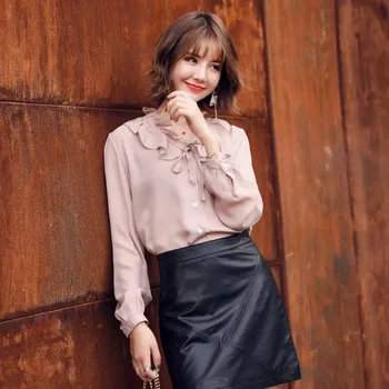 

Spring Autumn pink blouse for women 2018 long sleeve blouse Sweet fashion lace ruffles Slimming blouse Plus size XXXL 4XL